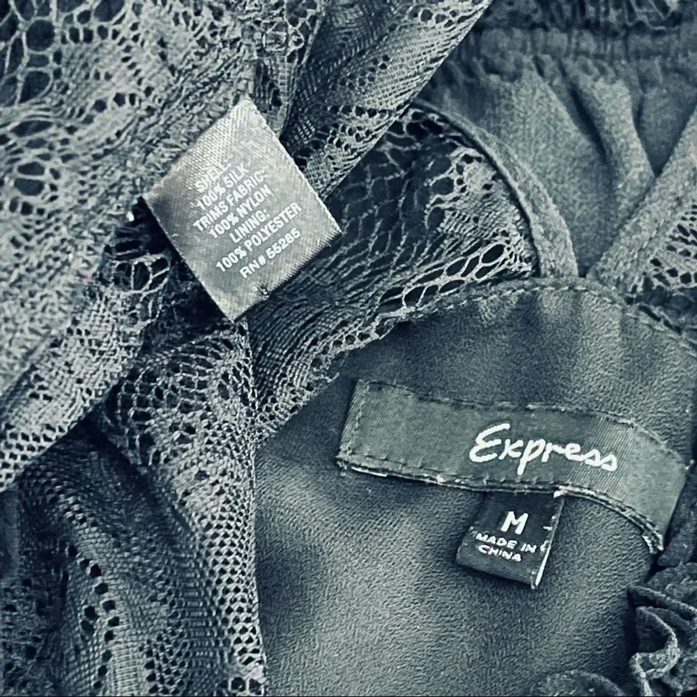 Express Black Lace Peplum Silk Blouse Sequins M - Picture 12 of 15